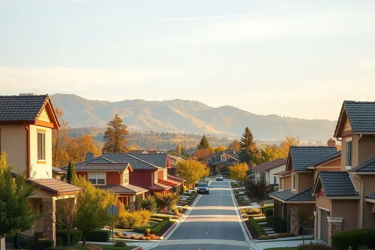Danville street of large two-story homes with manicured landscaping and foothills in the distance
