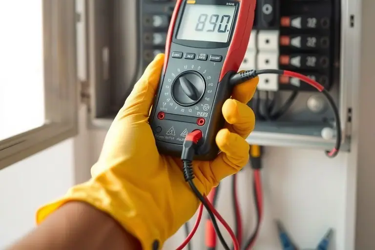Gloved hand holding a multimeter with test leads in front of an open breaker panel