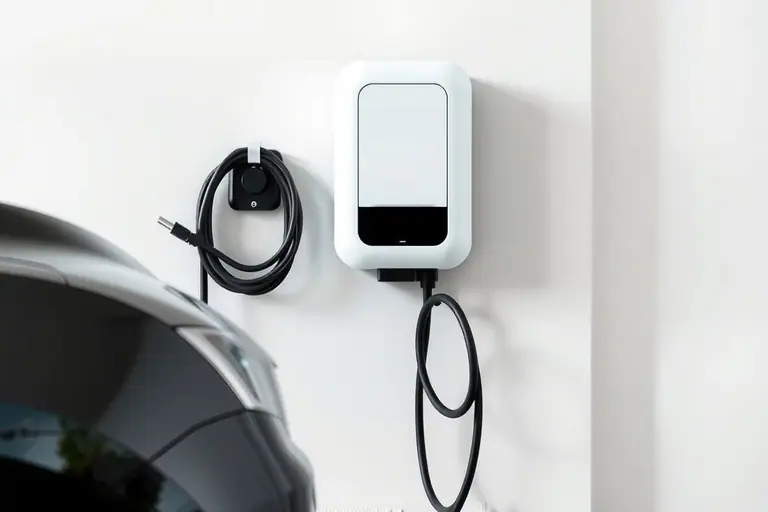 White wall-mounted EV charger in a clean garage with its cable coiled on a hook beside a dark electric car