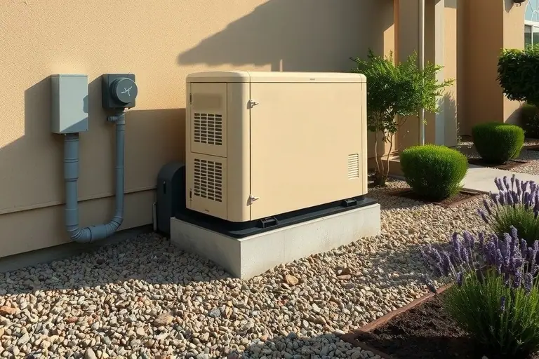 Beige standby generator on a concrete pad beside the stucco wall of a two-story home with gravel and lavender landscaping