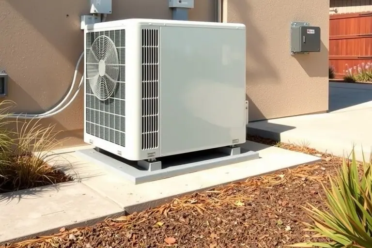 White heat pump condenser on a concrete pad beside the stucco wall of a ranch home, with a line set running up the wall