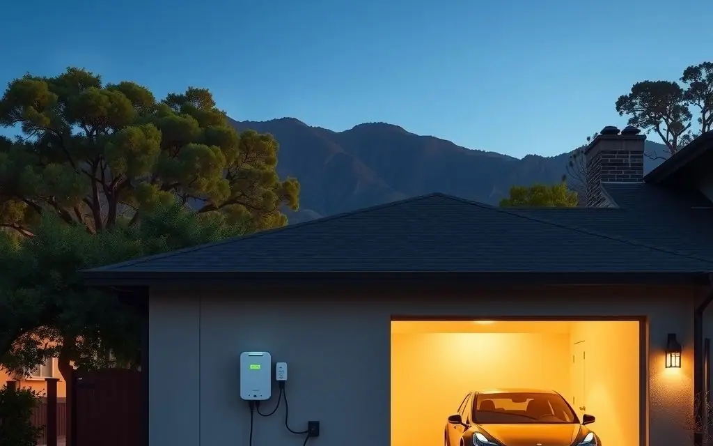 Ranch home at dusk with the garage open and an electric car charging inside