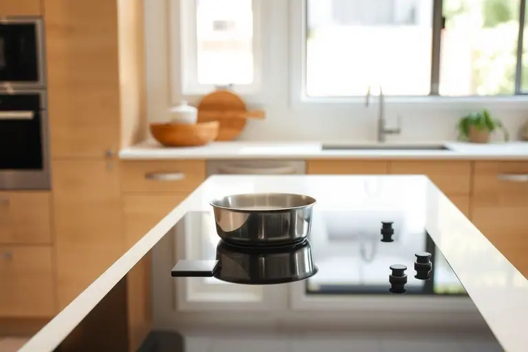 Black induction cooktop set into a white counter in a bright kitchen with a pan on one zone