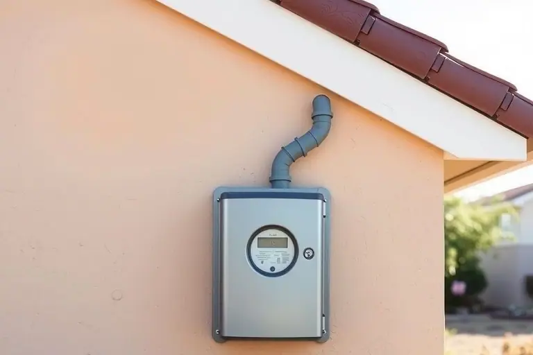 Grey electric meter and main breaker enclosure mounted on a beige stucco wall with conduit running up to the eave