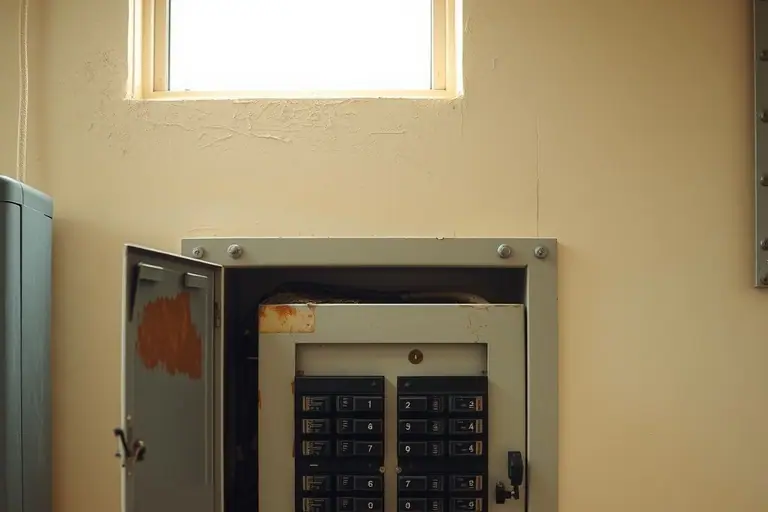 Old cream-painted breaker panel recessed in a garage wall with its door open and two rows of dark breakers