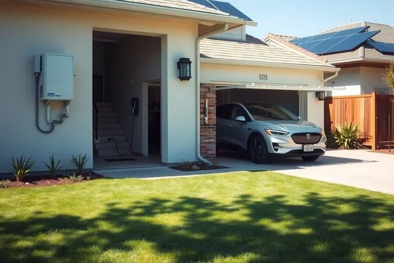 All-electric home on a sunny day with a heat pump at the side wall, rooftop solar and an electric car in the open garage